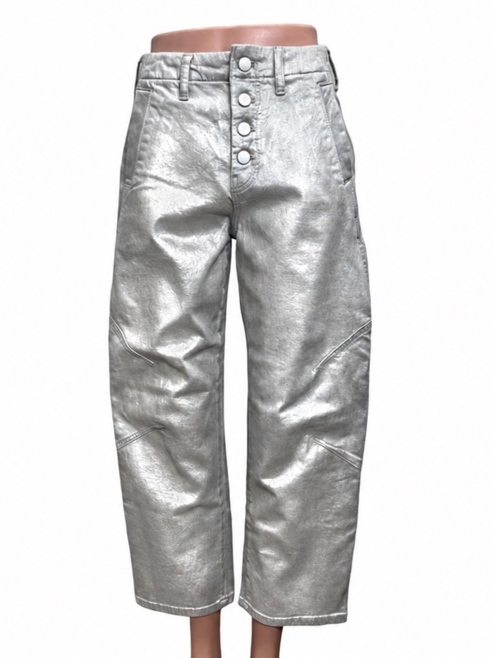 PILCRO Anthropologie Arin Silver Coated Blue Denim Barrel Jeans 24 NWT